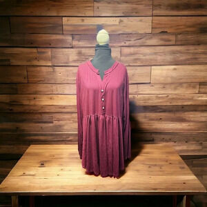 Allegrace Women's 3X Babydoll Style Tunic Long Sleeve Deep Red 30" Long